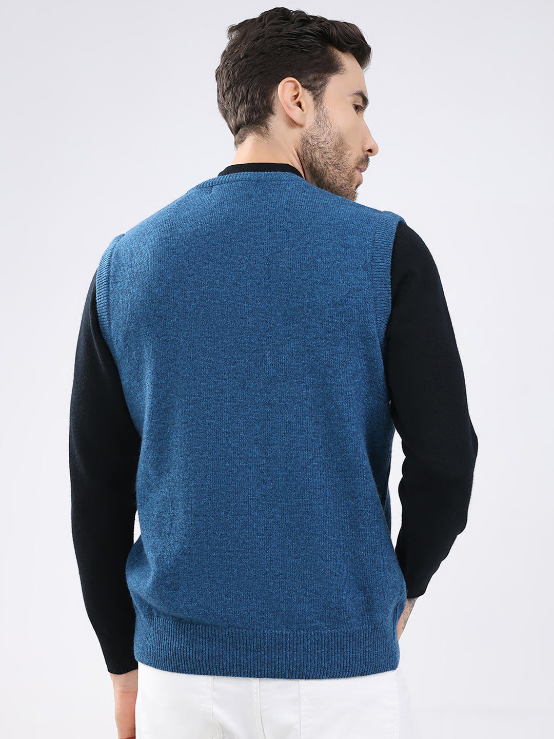 Men Blue Solid V Neck Sleeveless Sweater