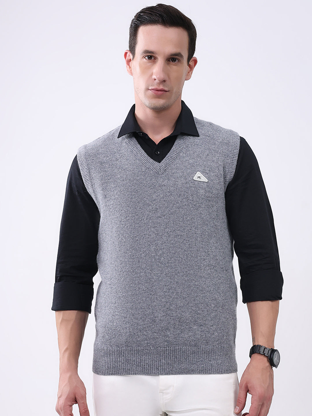 Men Grey Solid V Neck Sleeveless Sweater