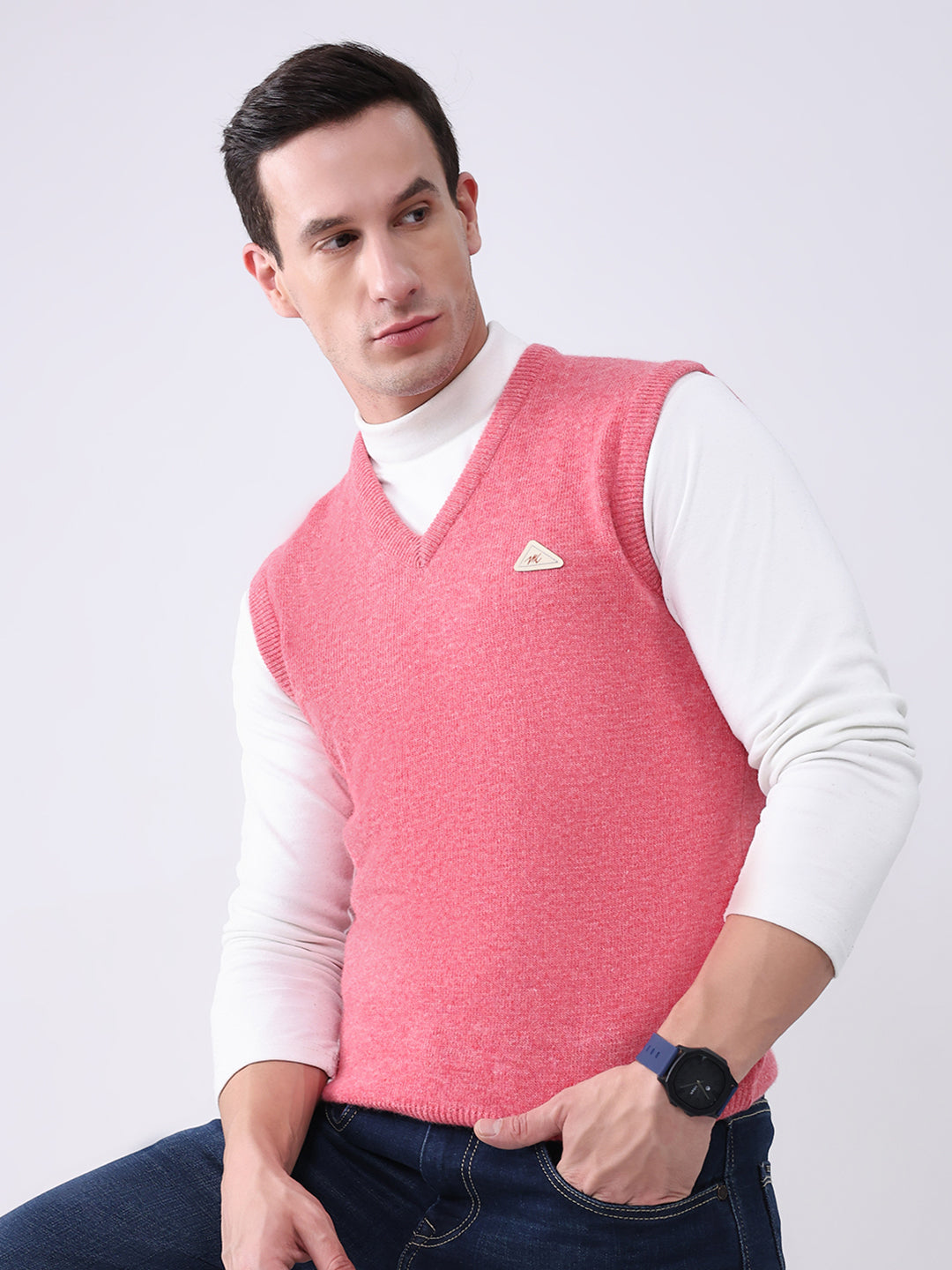 Men Pink Solid V Neck Sleeveless Sweater