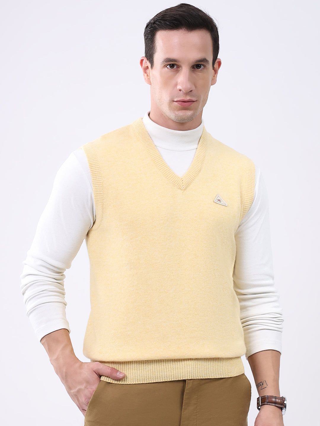 Men Yellow Solid V Neck Sleeveless Sweater