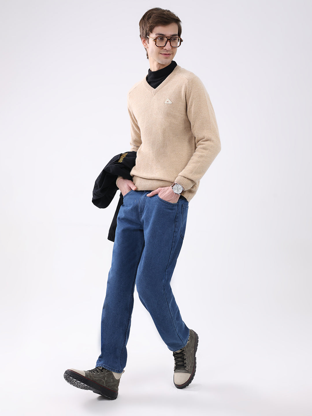 Men Khaki Solid V Neck Full Sleeve Pullover