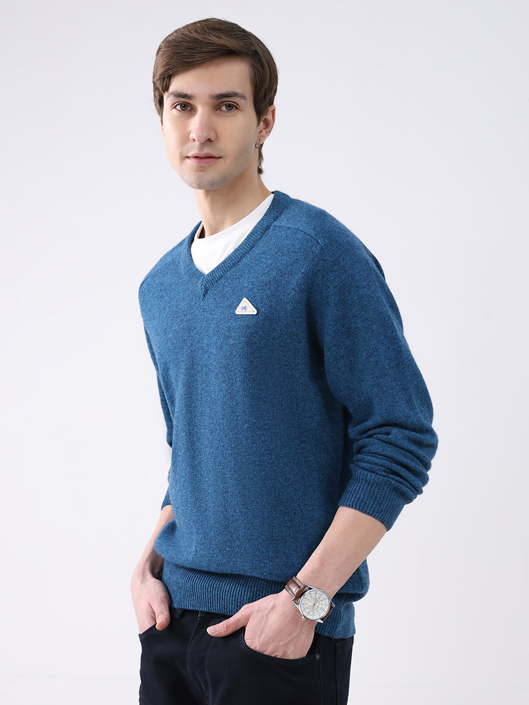 Men Blue Solid V Neck Full Sleeve Pullover