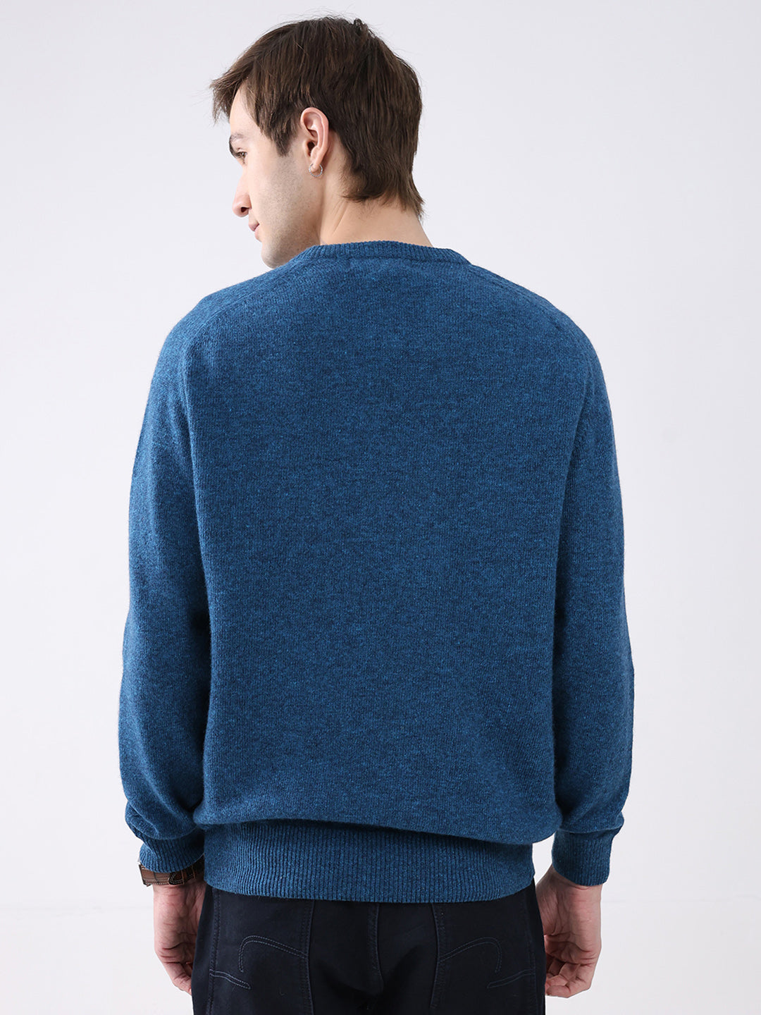 Men Blue Solid V Neck Full Sleeve Pullover