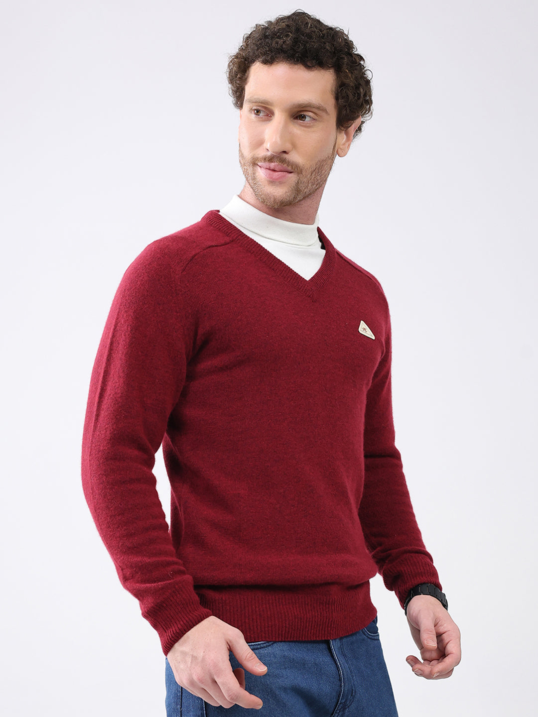 Men Maroon Solid V Neck Full Sleeve Pullover