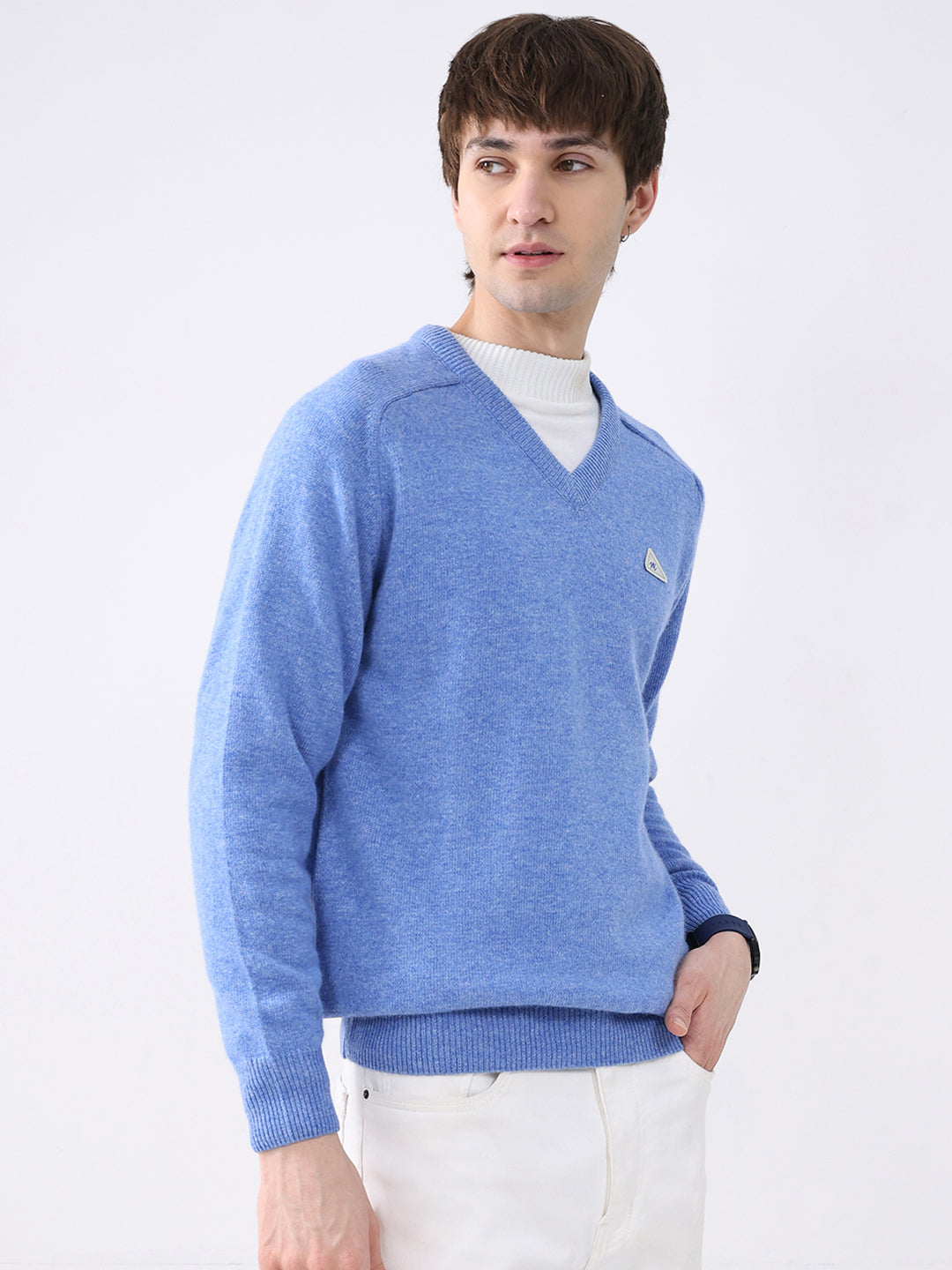 Men Blue Solid V Neck Full Sleeve Pullover