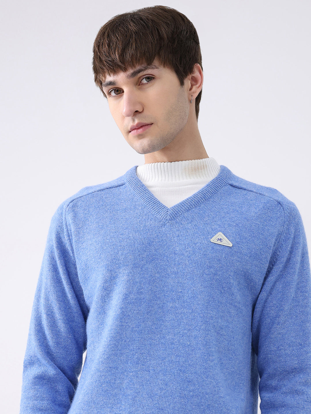 Men Blue Solid V Neck Full Sleeve Pullover