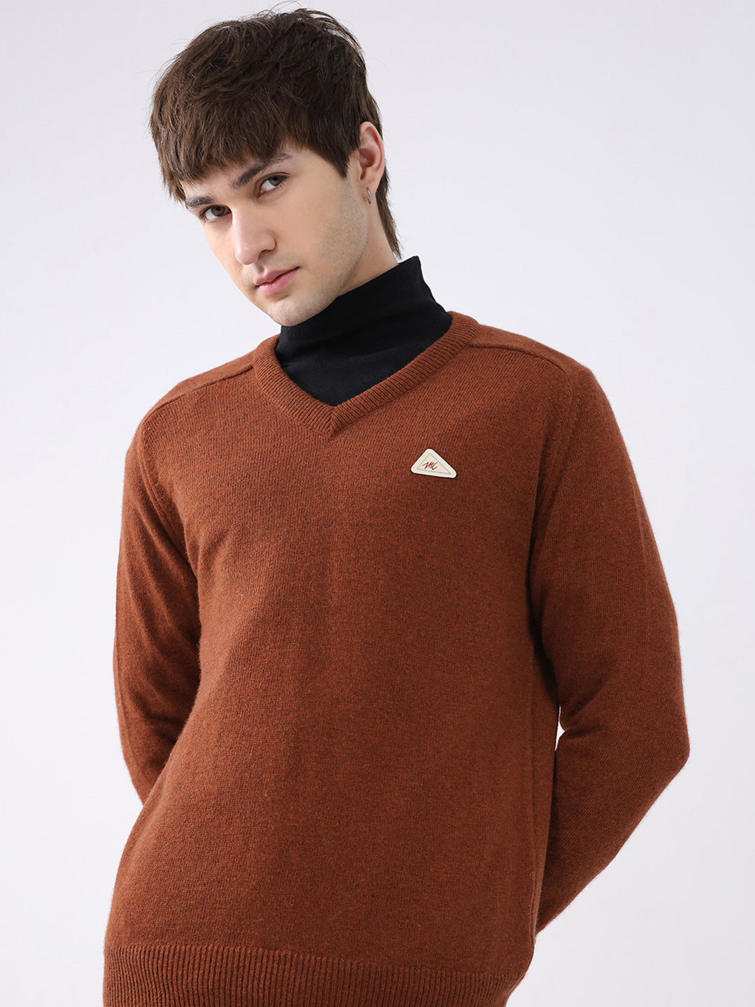 Men Rust Solid V Neck Full Sleeve Pullover