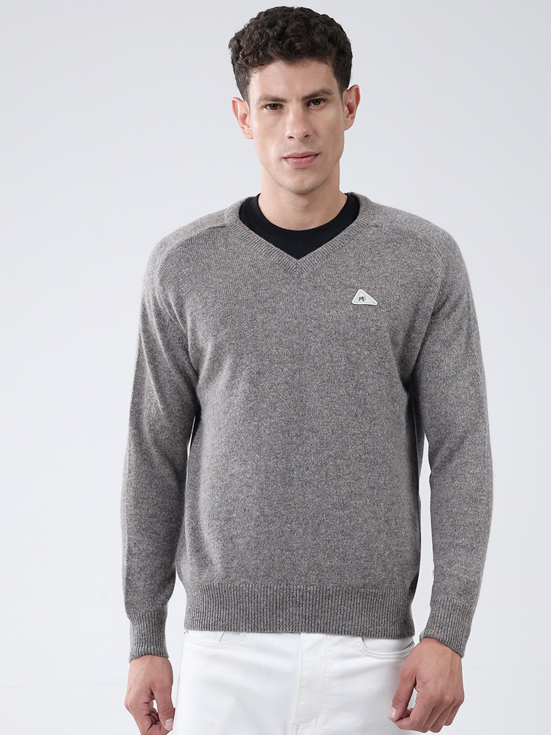 Men Grey Solid V Neck Full Sleeve Pullover