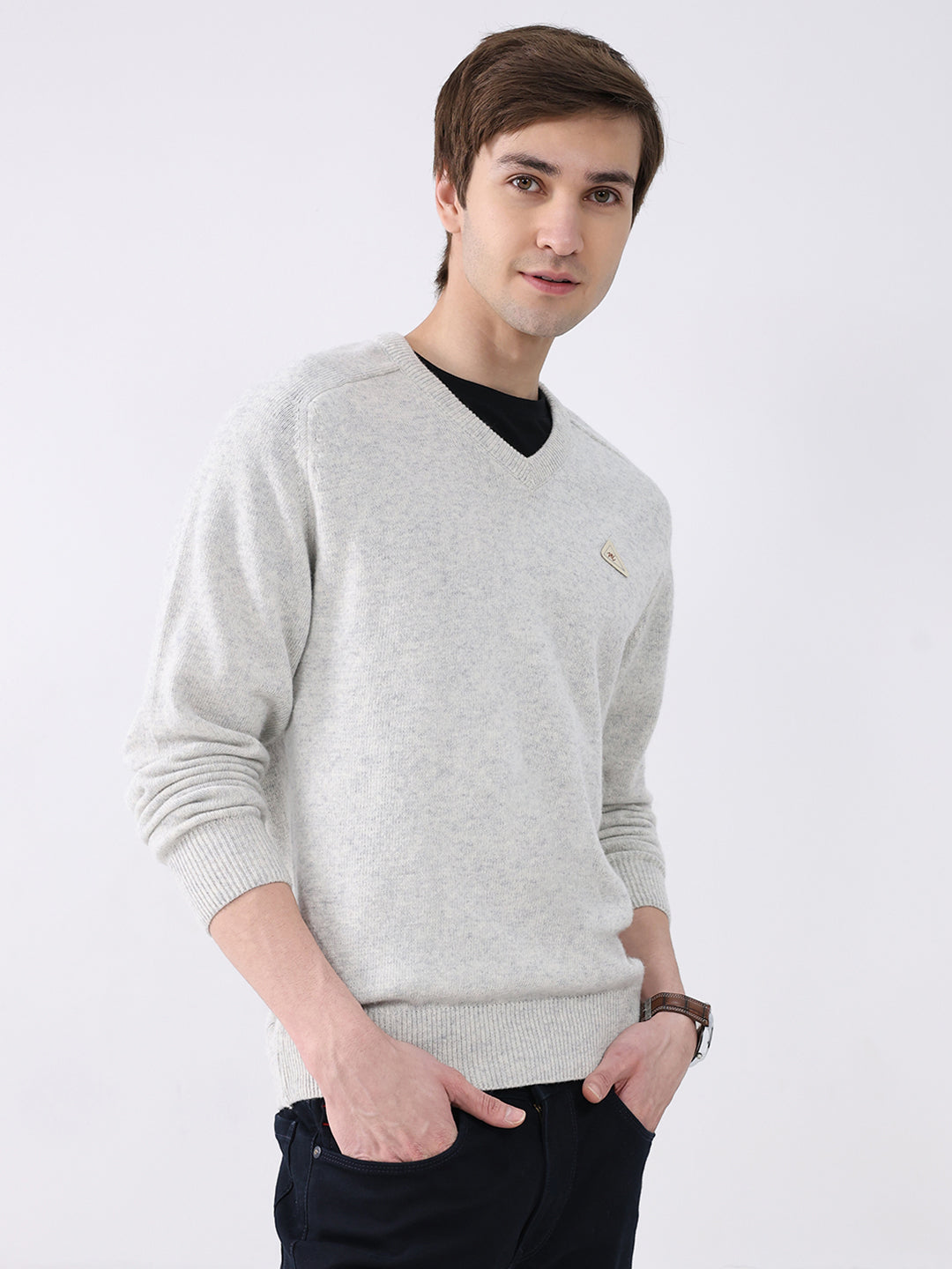 Men Light Grey Solid V Neck Full Sleeve Pullover