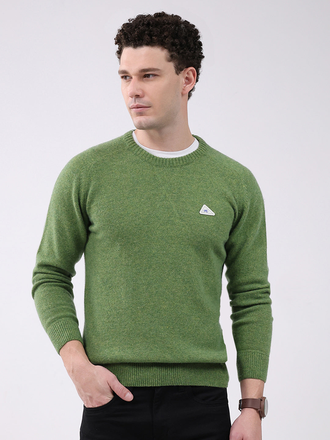 Men Green Solid Round Neck Full Sleeve Pullover