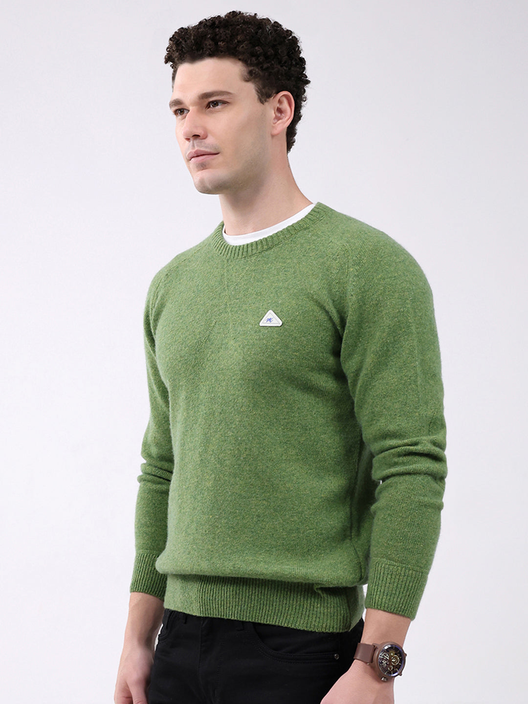 Men Green Solid Round Neck Full Sleeve Pullover