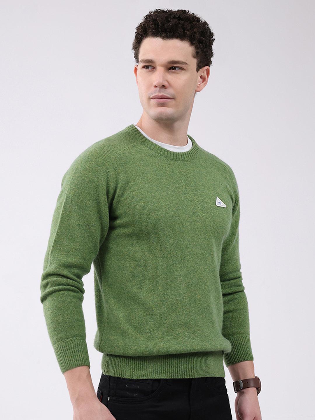 Men Green Solid Round Neck Full Sleeve Pullover