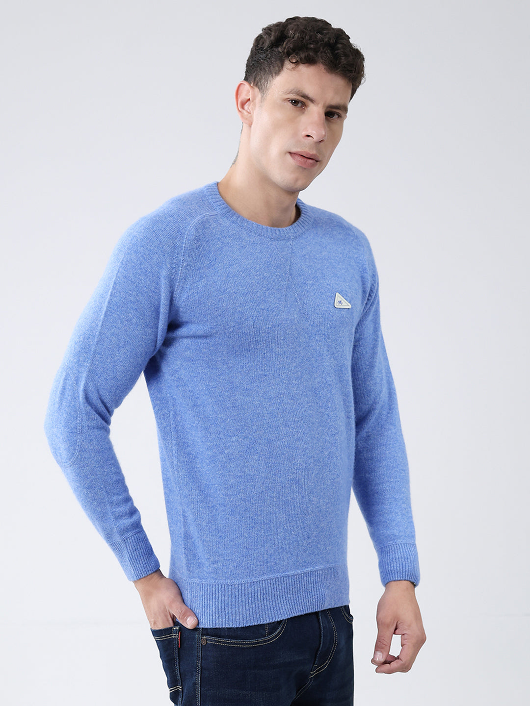 Men Blue Solid Round Neck Full Sleeve Pullover