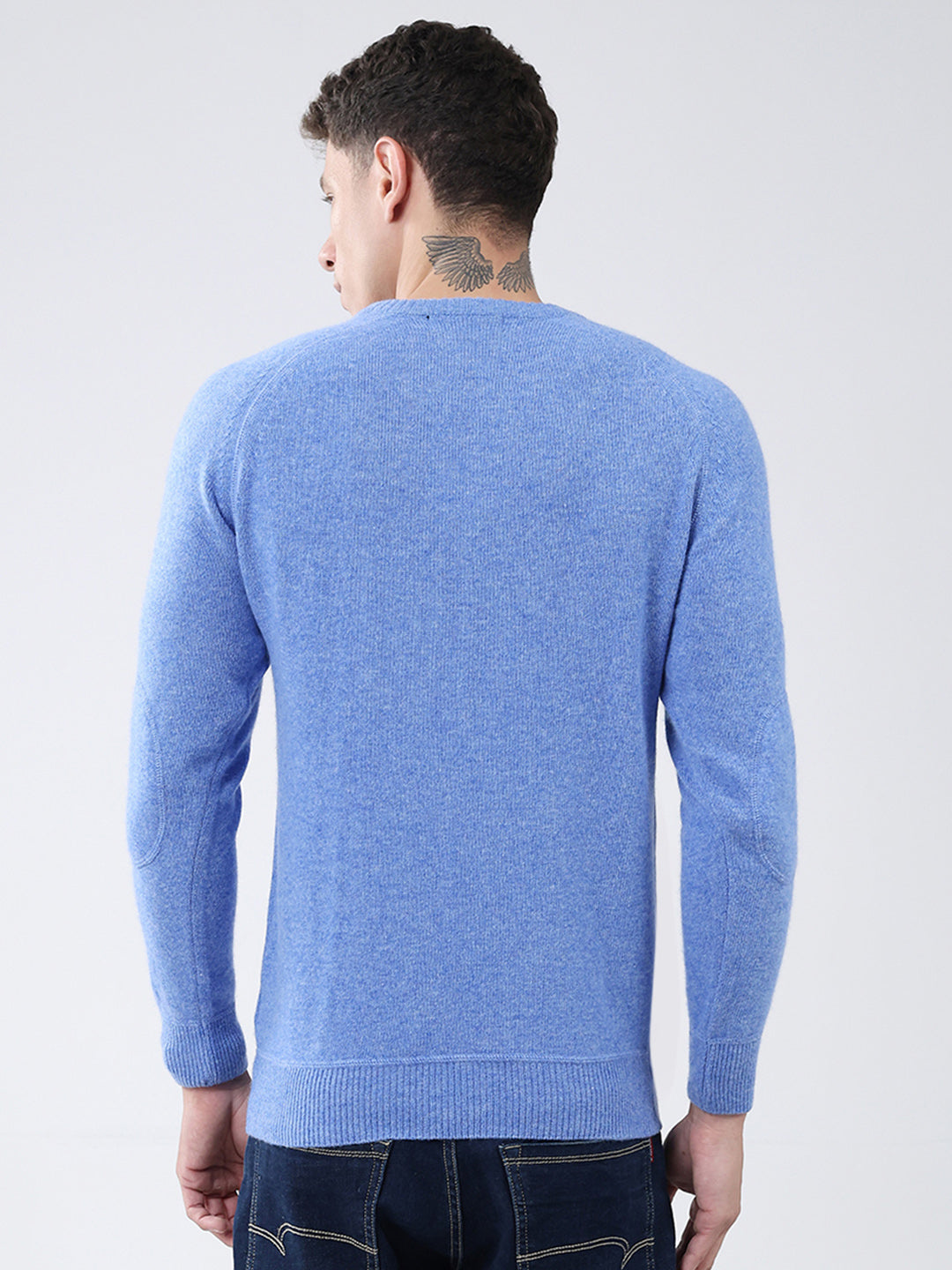 Men Blue Solid Round Neck Full Sleeve Pullover