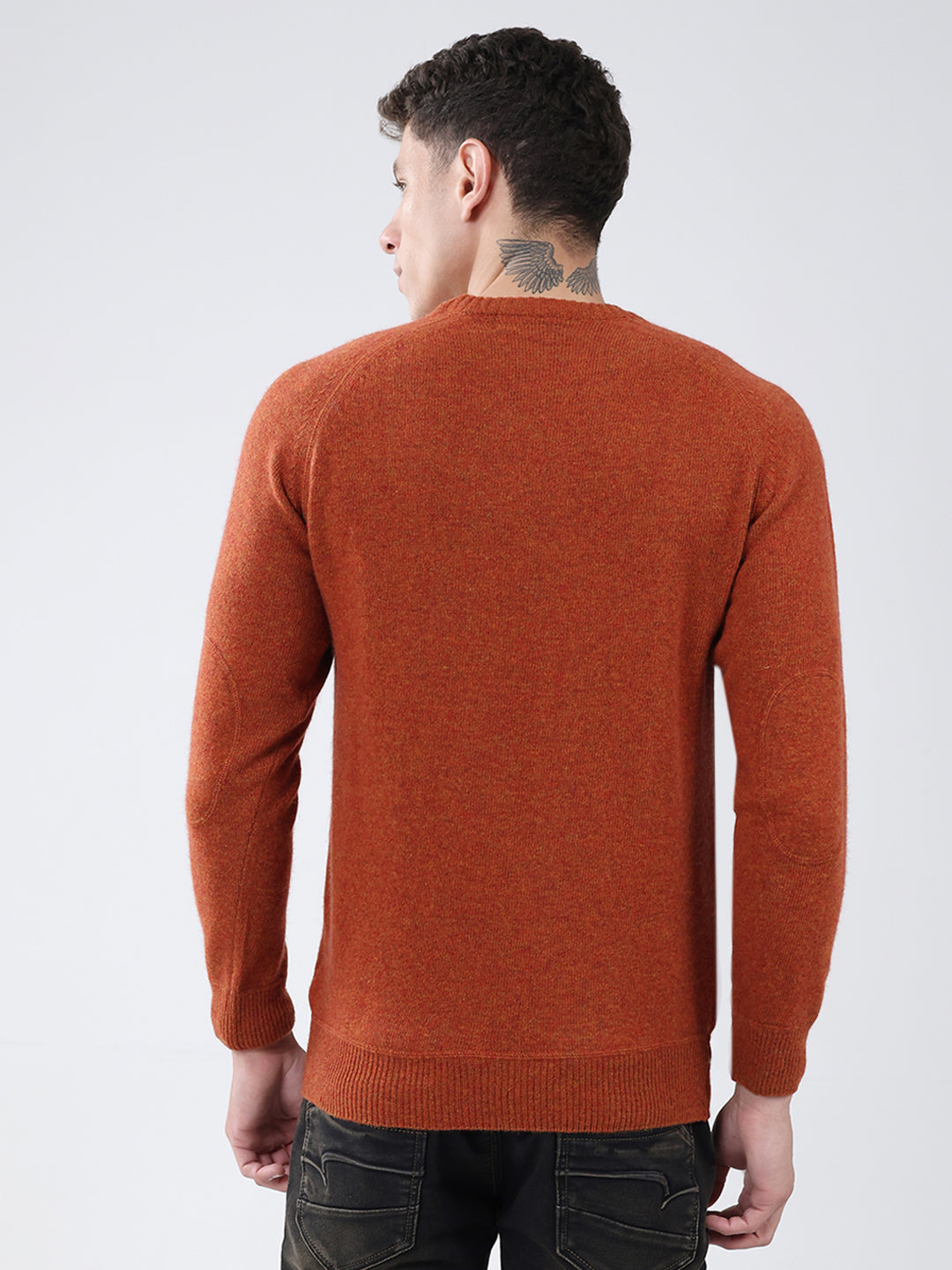 Men Rust Solid Round Neck Full Sleeve Pullover
