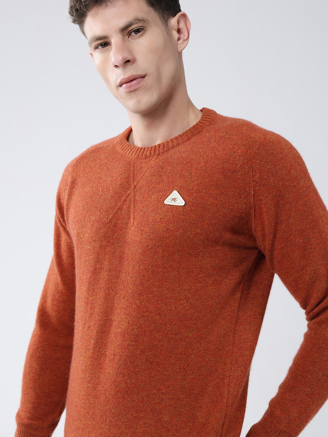 Men Rust Solid Round Neck Full Sleeve Pullover