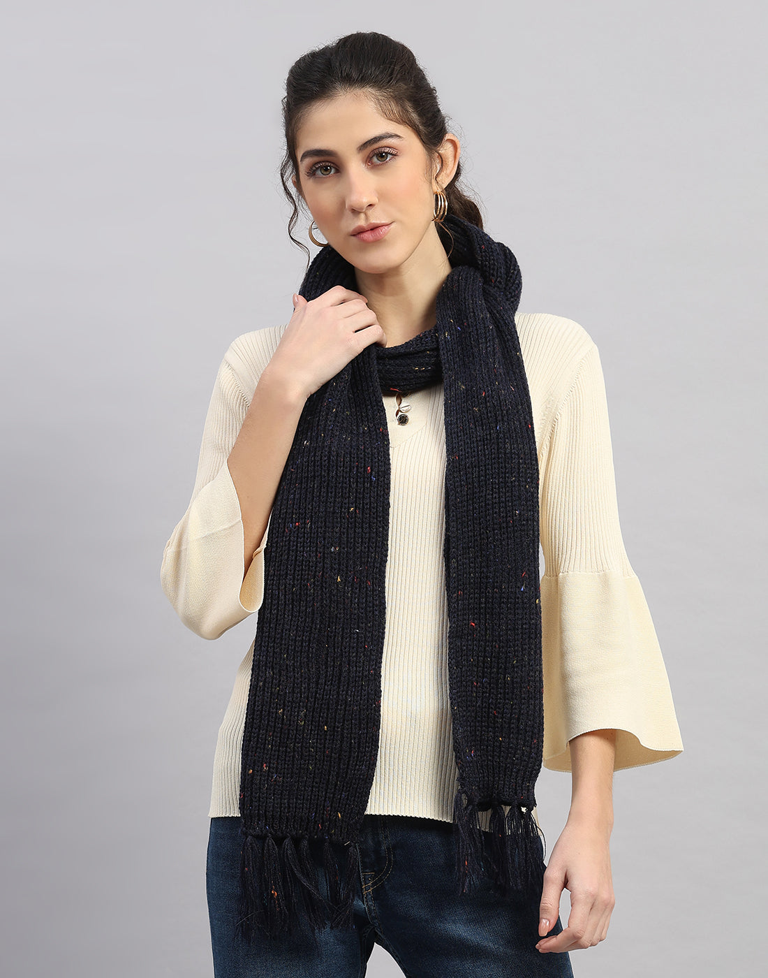 Women Navy Blue Printed Blend Wool Mufflers