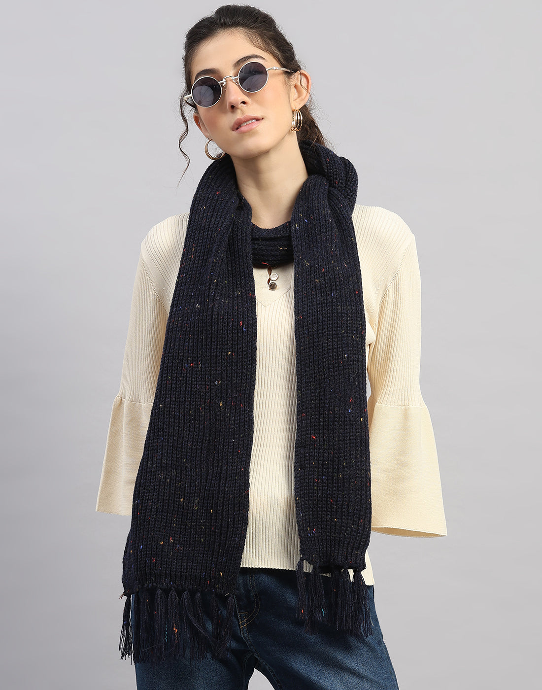 Women Navy Blue Printed Blend Wool Mufflers