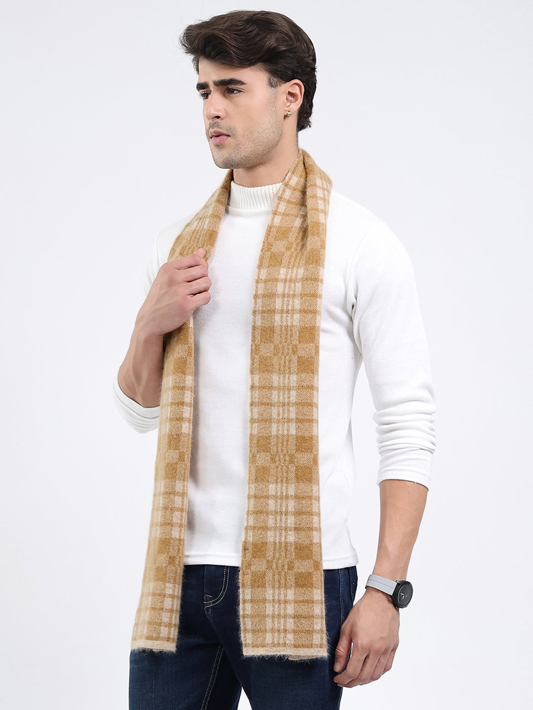 Men Khaki Self Design Angoora Muffler