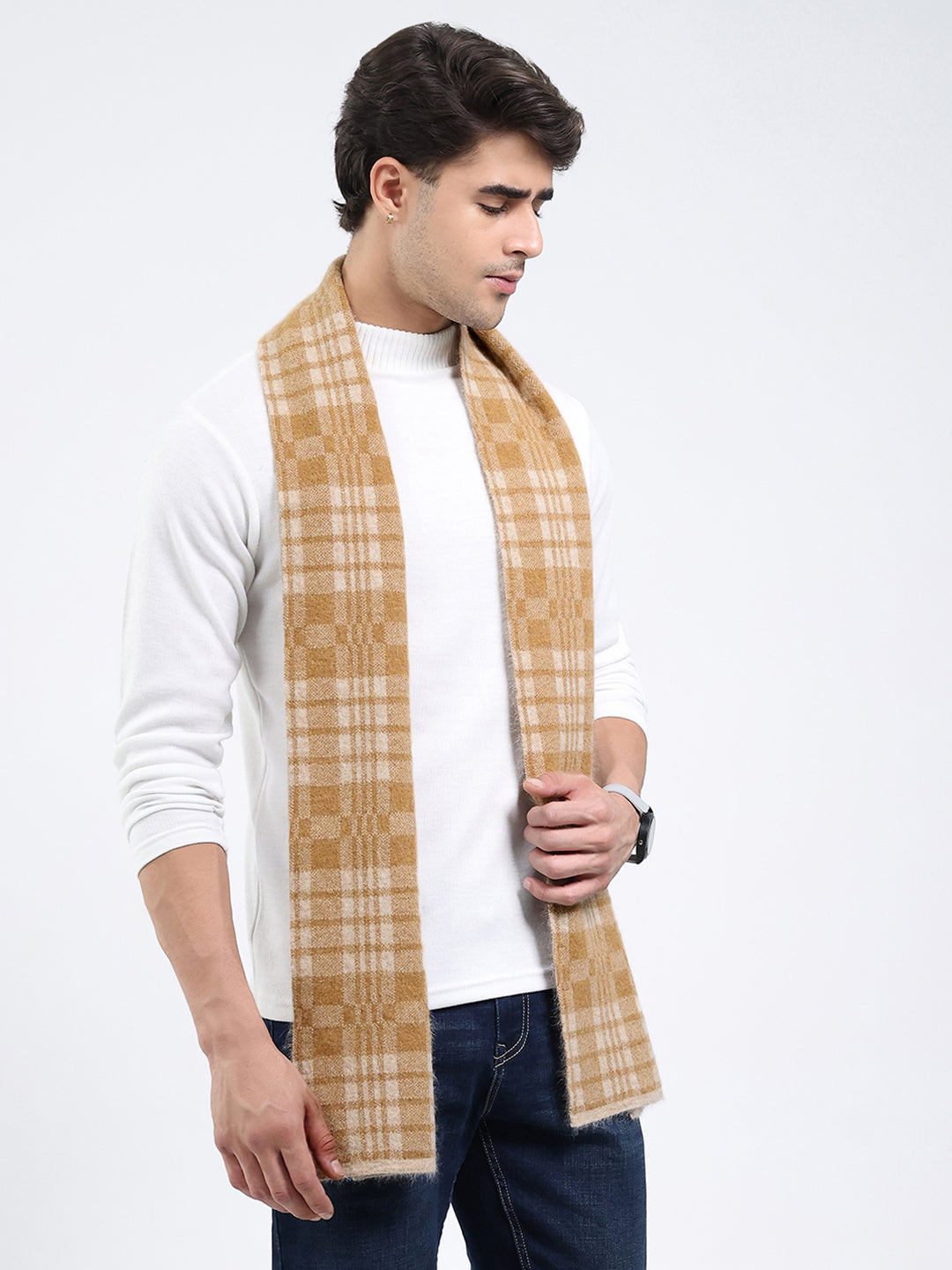Men Khaki Self Design Angoora Muffler