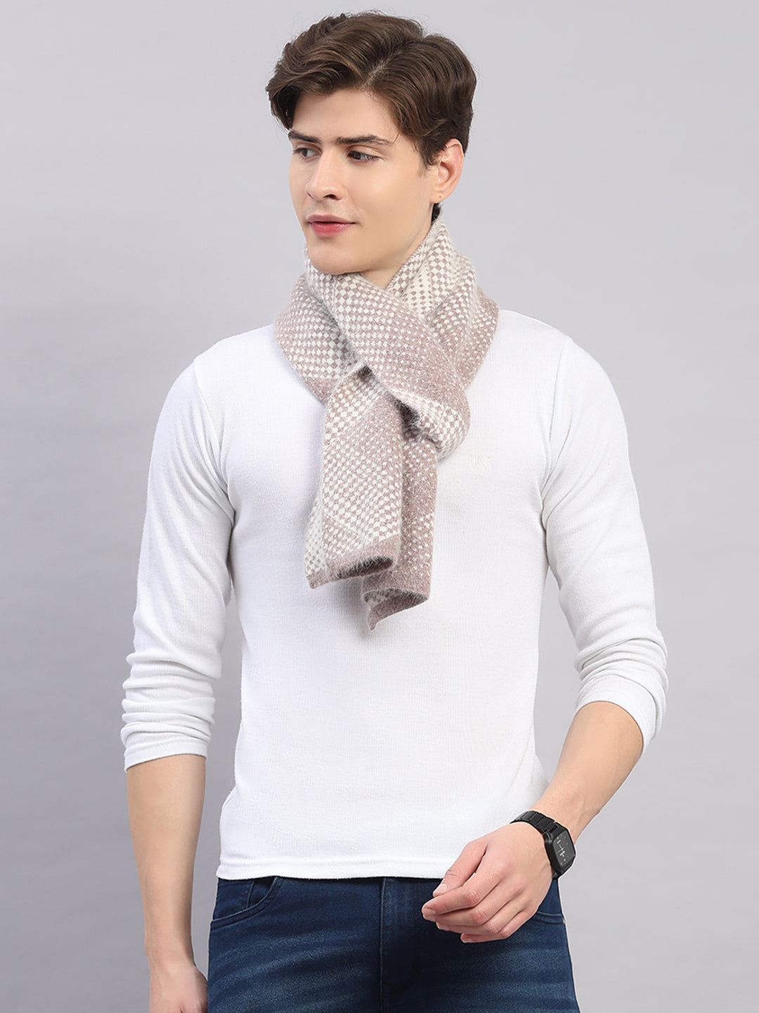 Men Beige Self Design Angoora Muffler