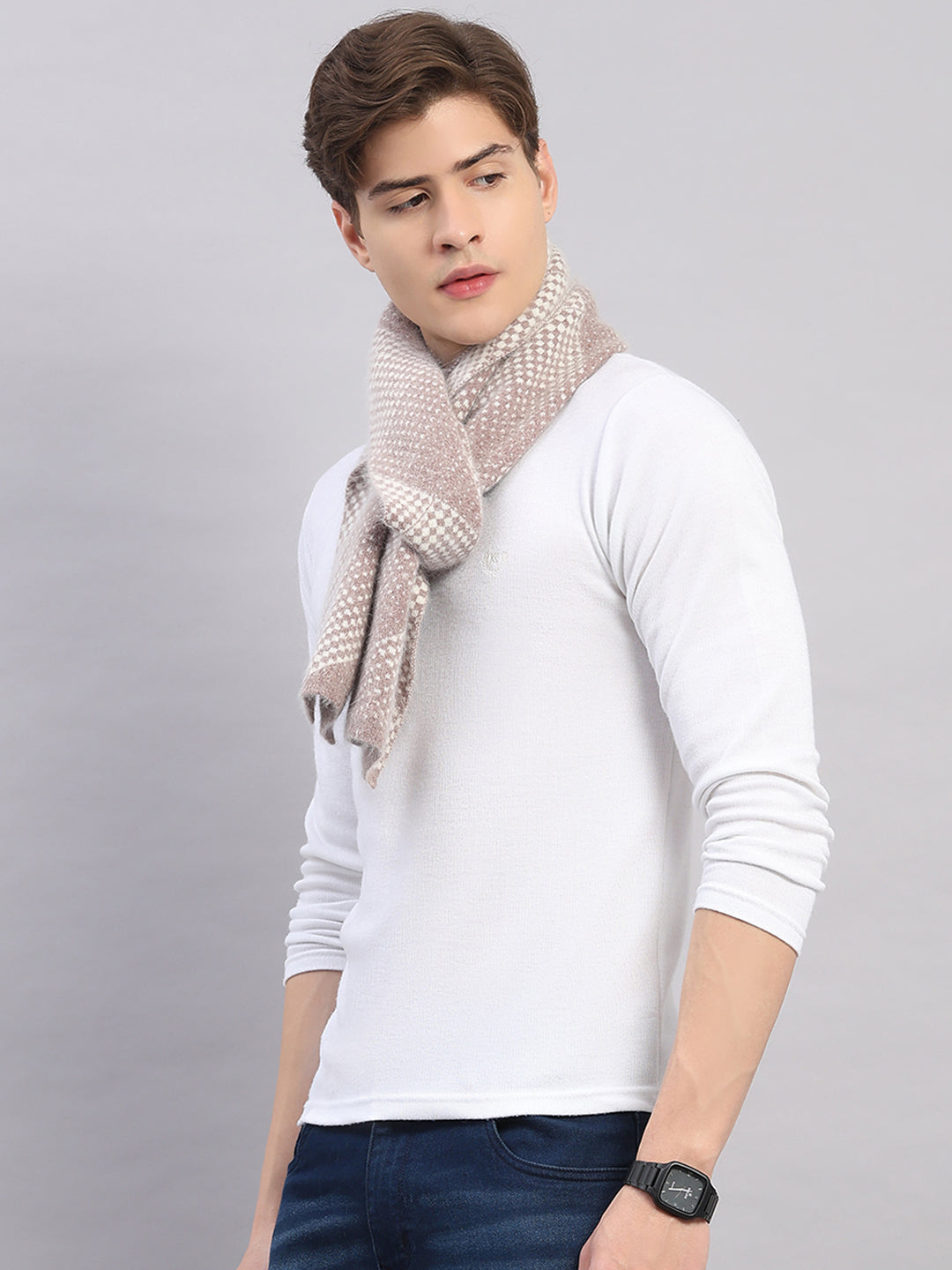 Men Beige Self Design Angoora Muffler