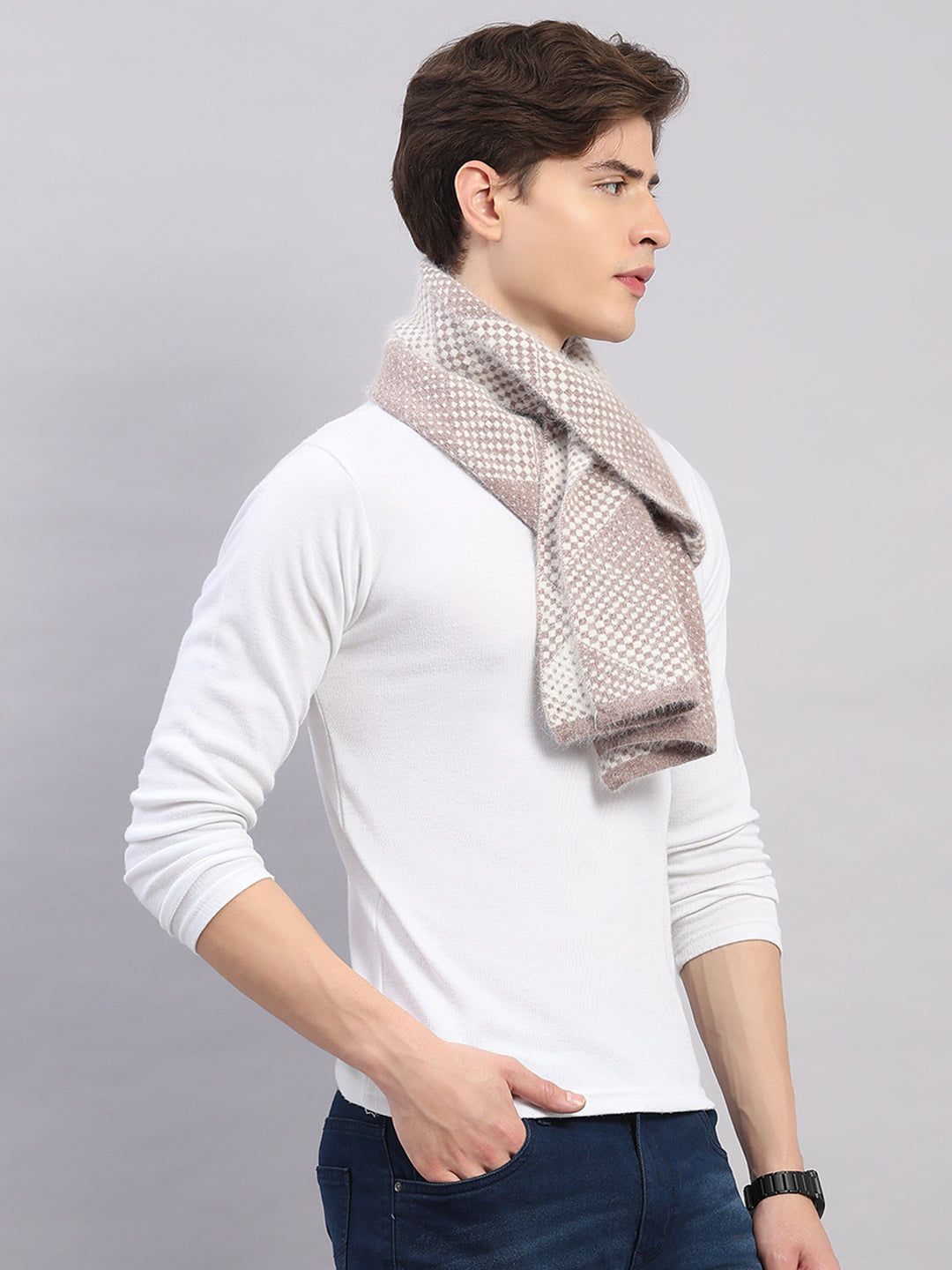 Men Beige Self Design Angoora Muffler