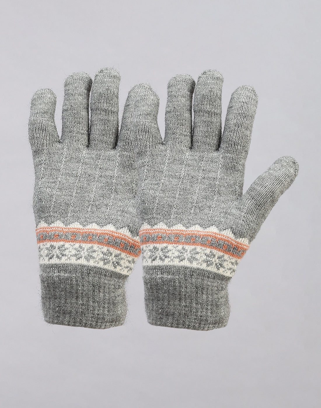 Women Grey Printed Blend Wool Gloves