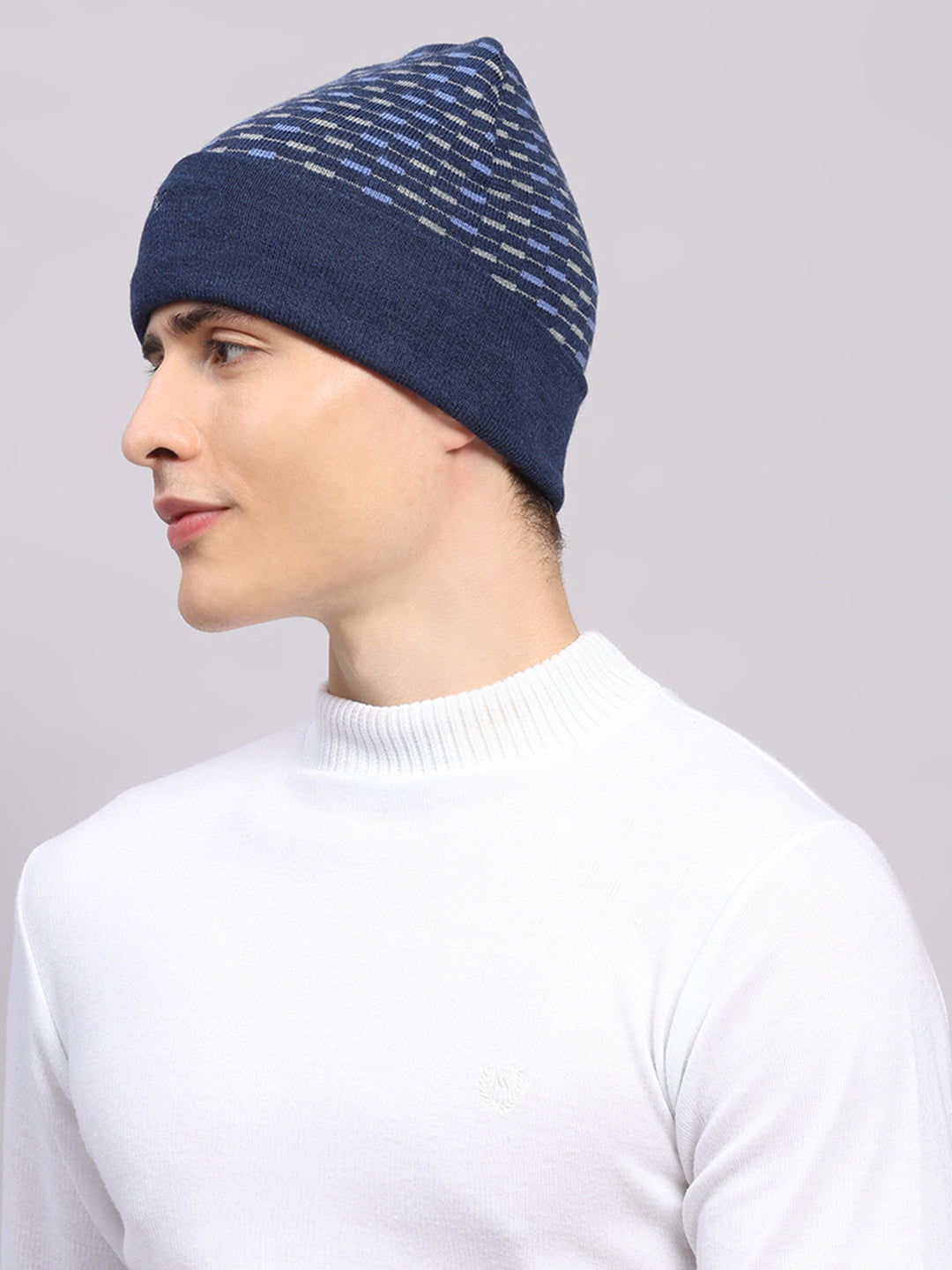 Men Blue Printed Pure Wool Cap