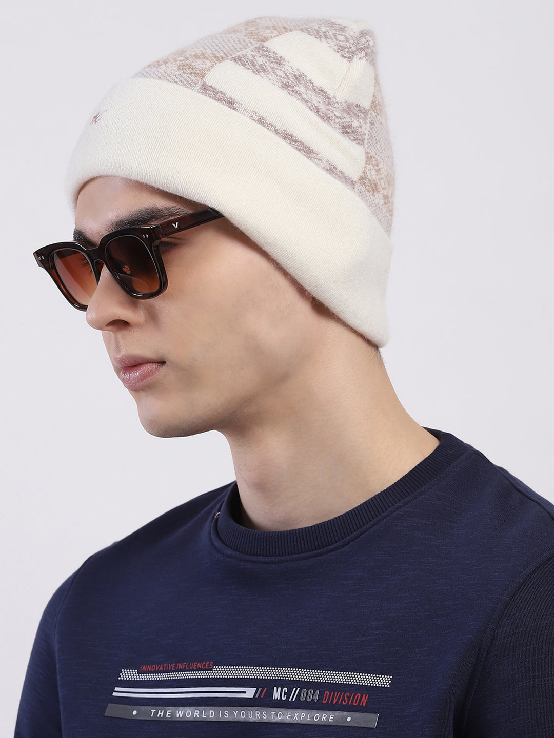 Men Cream Self Design Angoora Cap