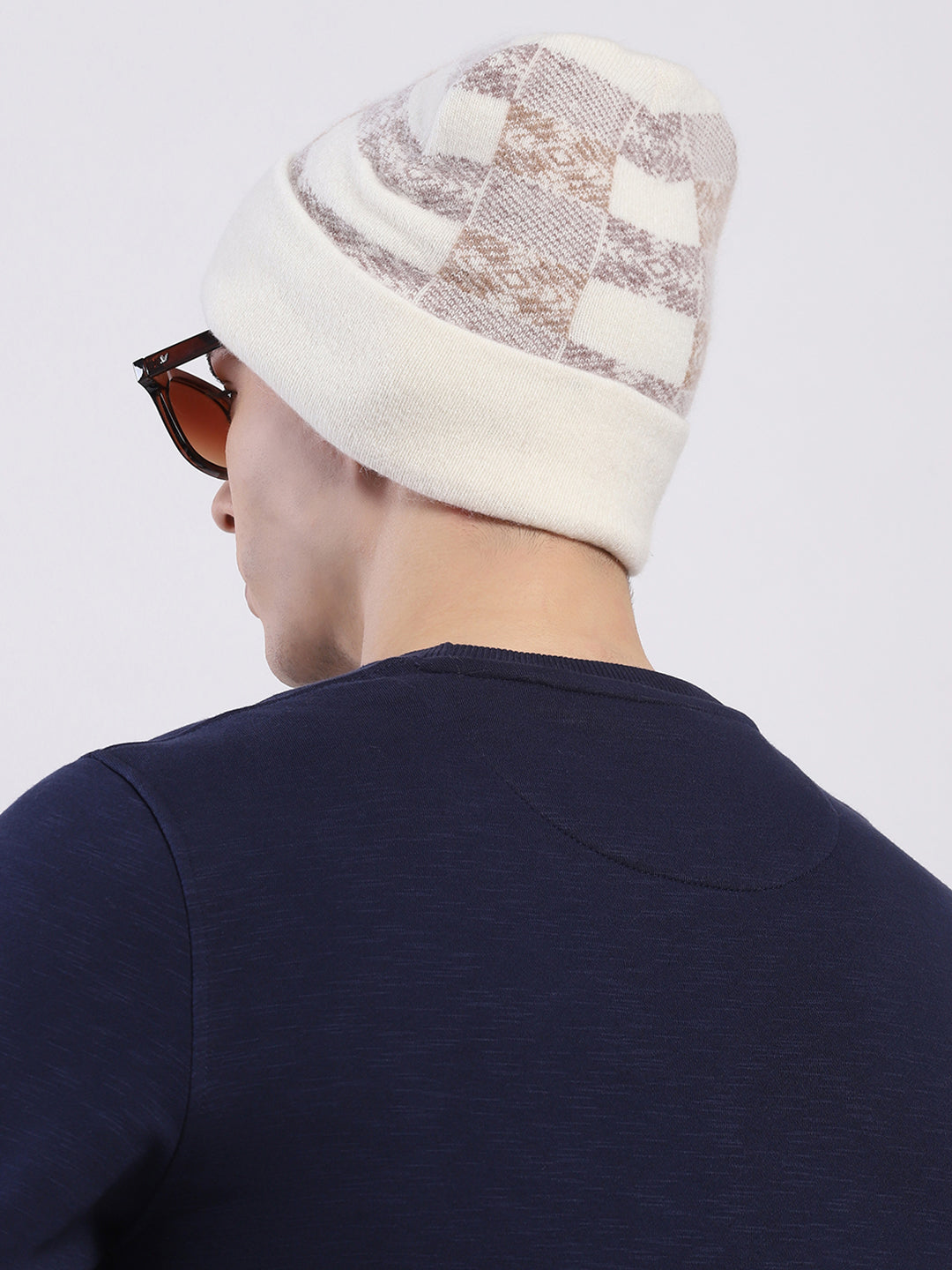 Men Cream Self Design Angoora Cap