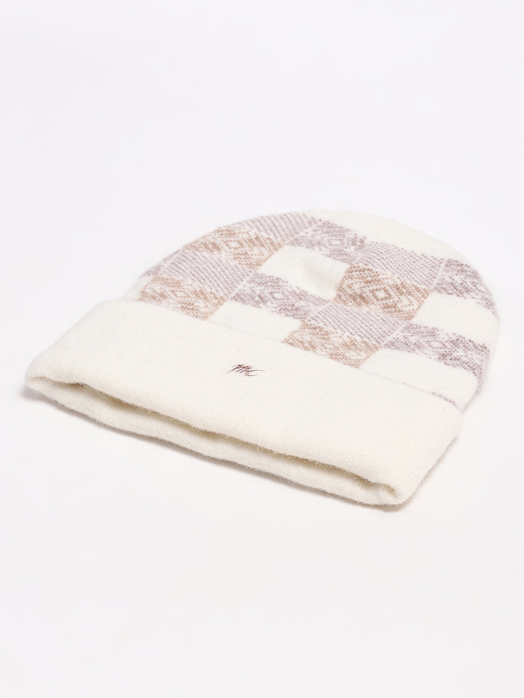 Men Cream Self Design Angoora Cap