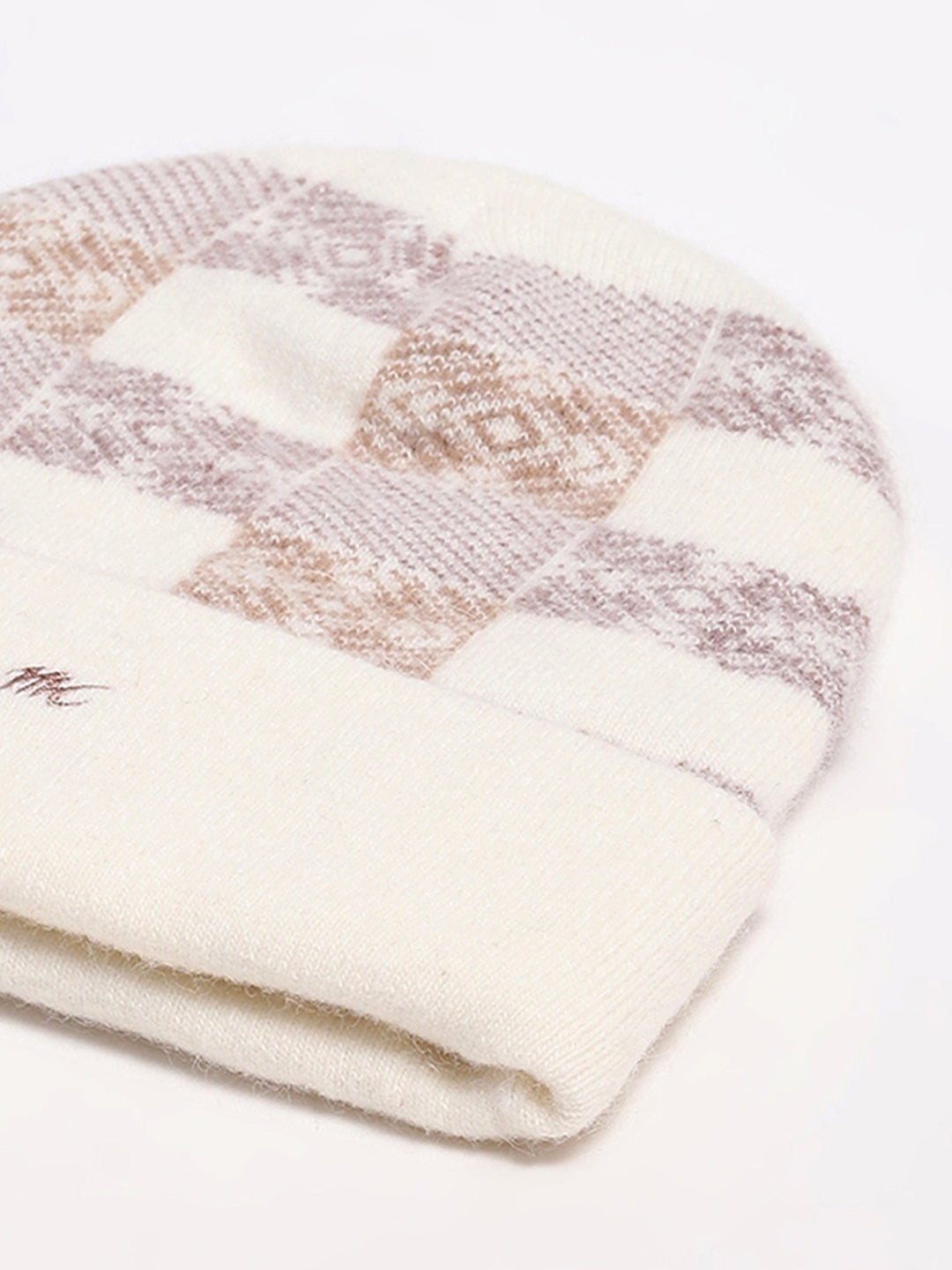 Men Cream Self Design Angoora Cap