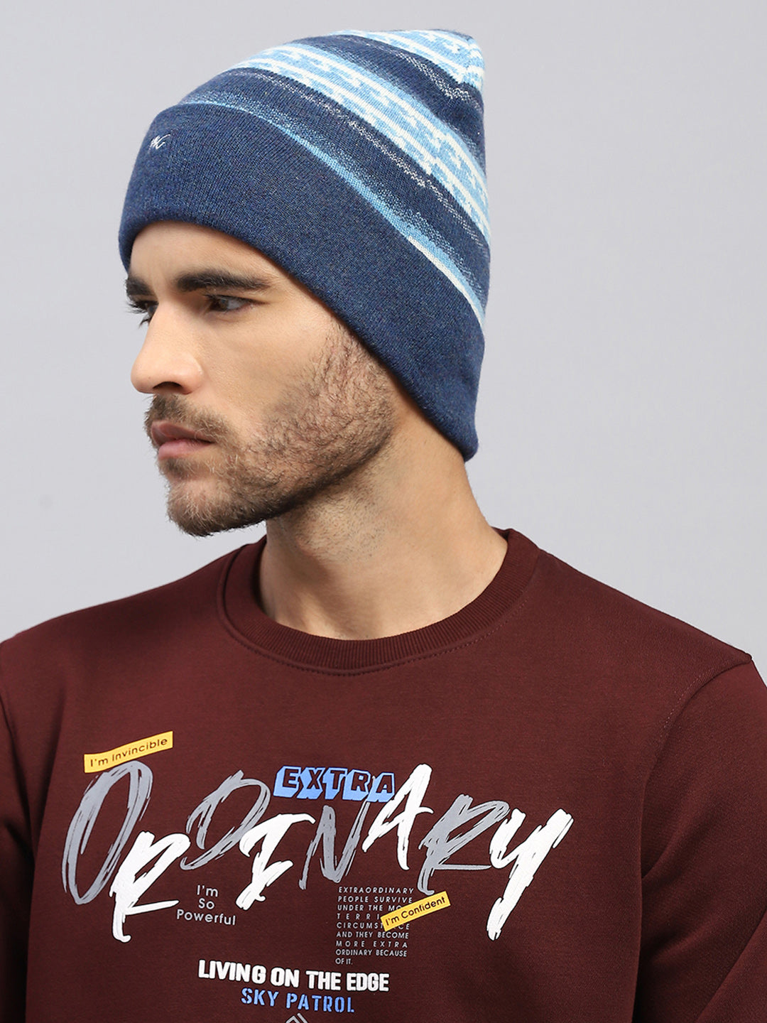 Men Blue Printed Blend Wool Cap