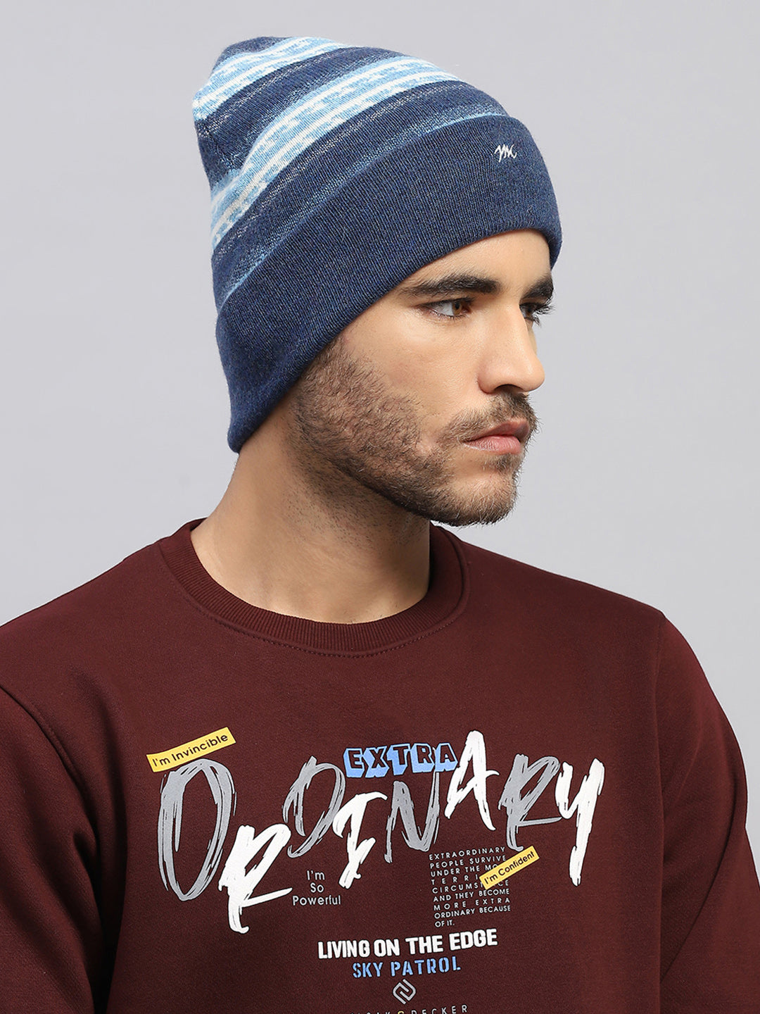 Men Blue Printed Blend Wool Cap