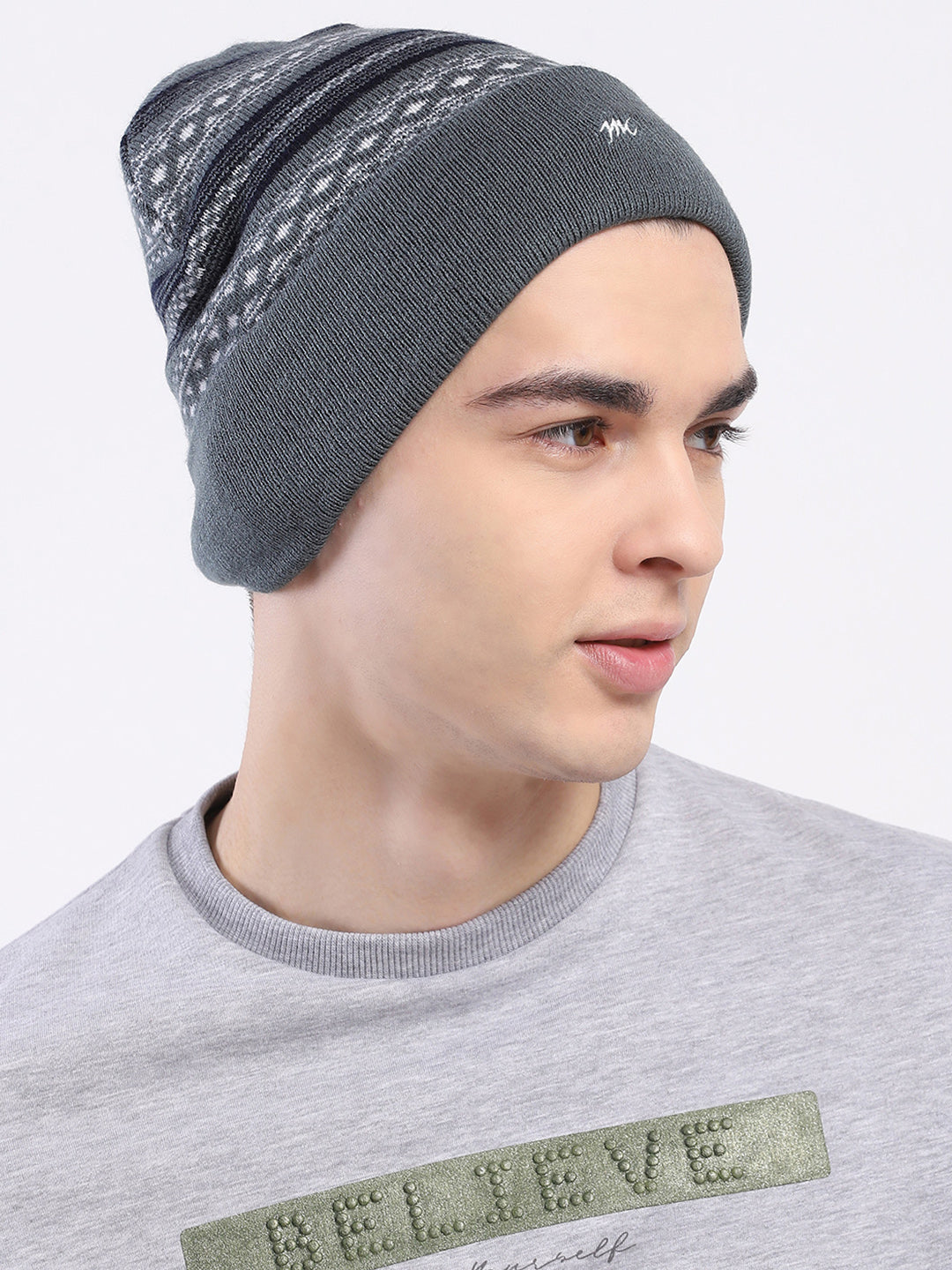 Men Grey Self Design Blend Wool Cap