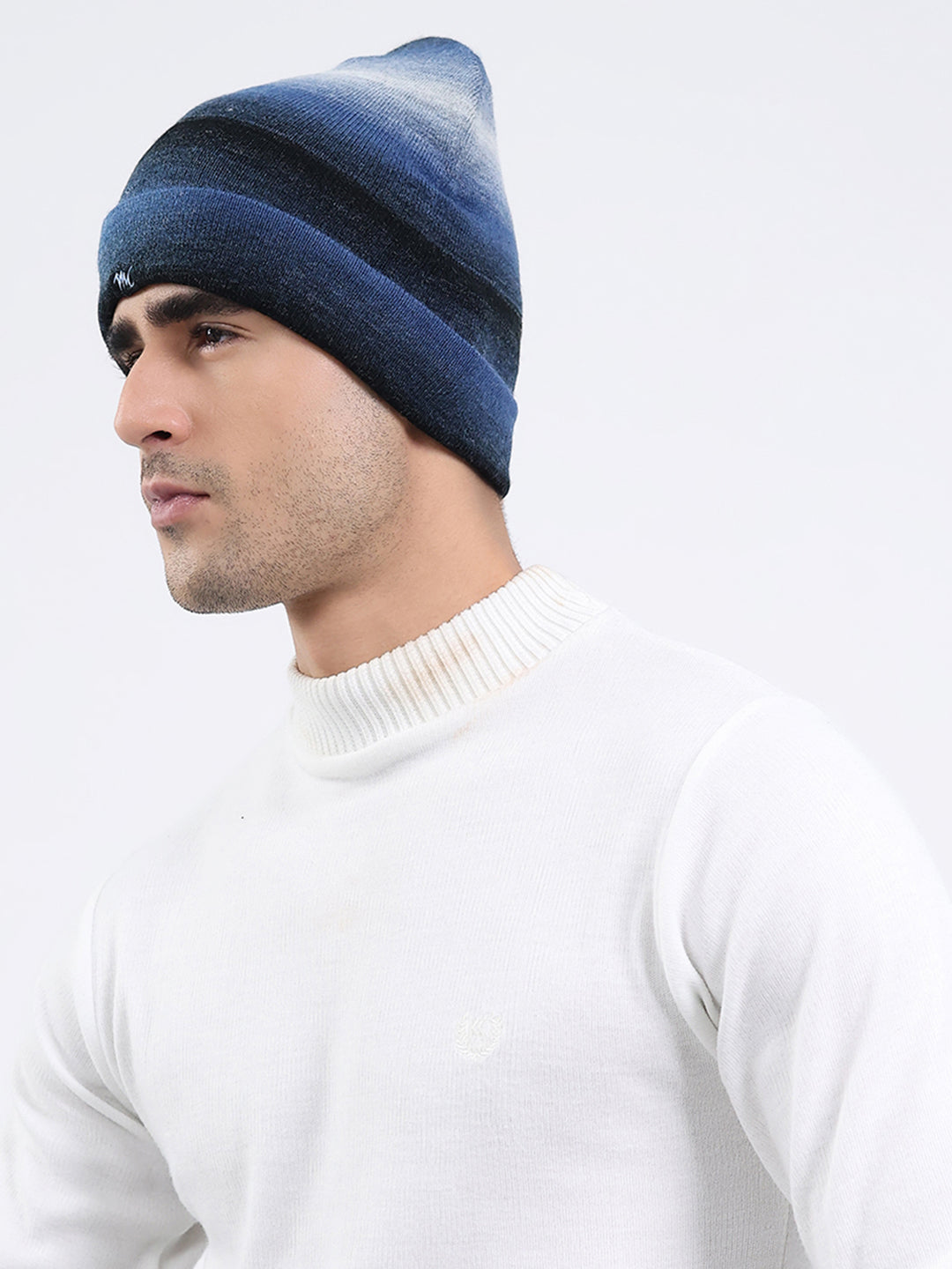 Men Navy Blue Self Design Blend Wool Cap