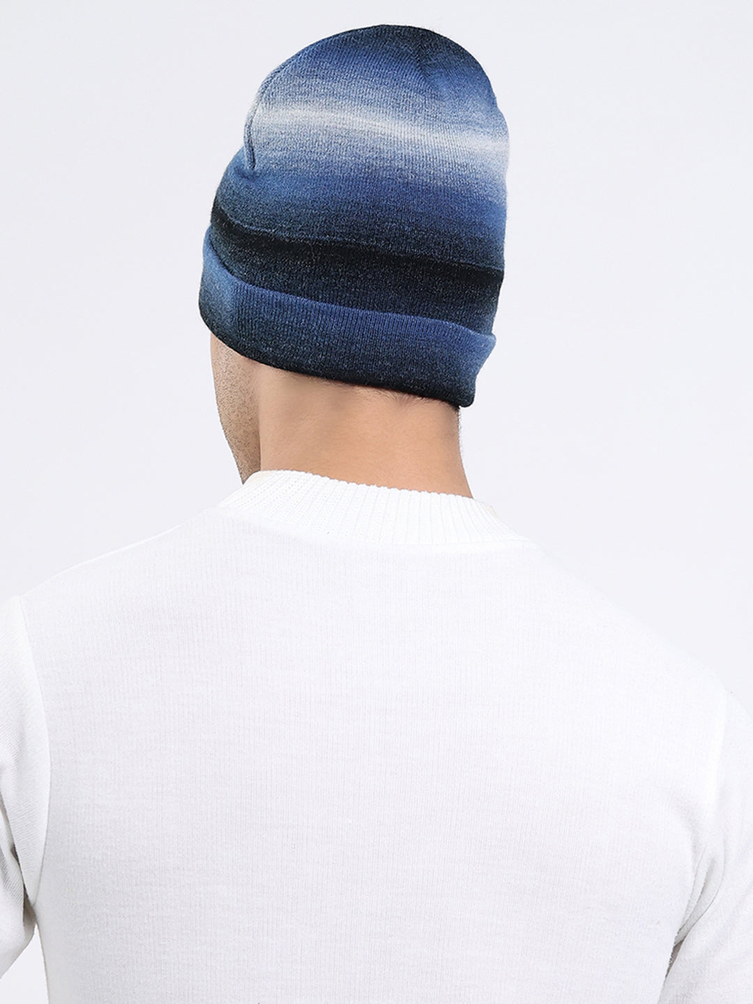 Men Navy Blue Self Design Blend Wool Cap