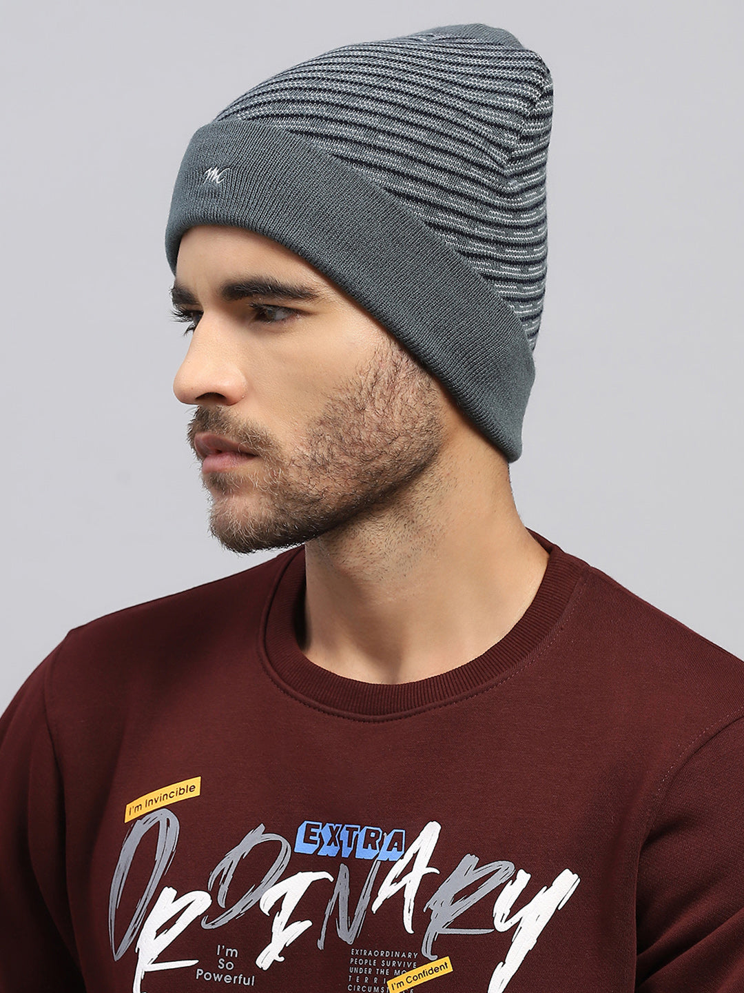 Men Grey Printed Blend Wool Cap