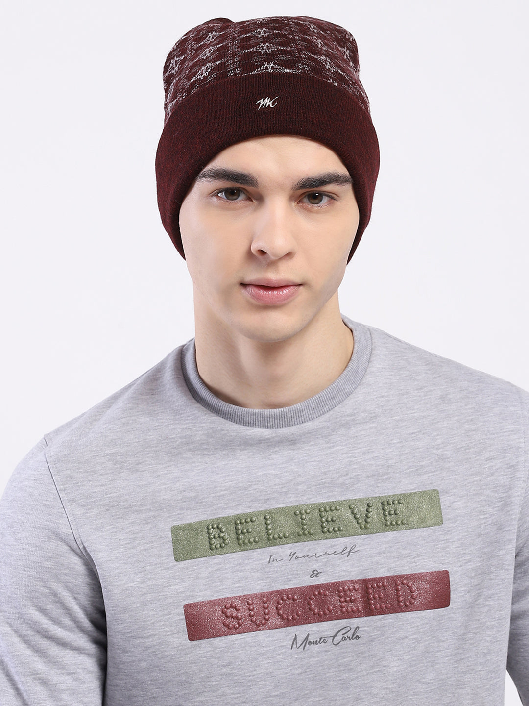 Men Maroon Self Design Blend Wool Cap
