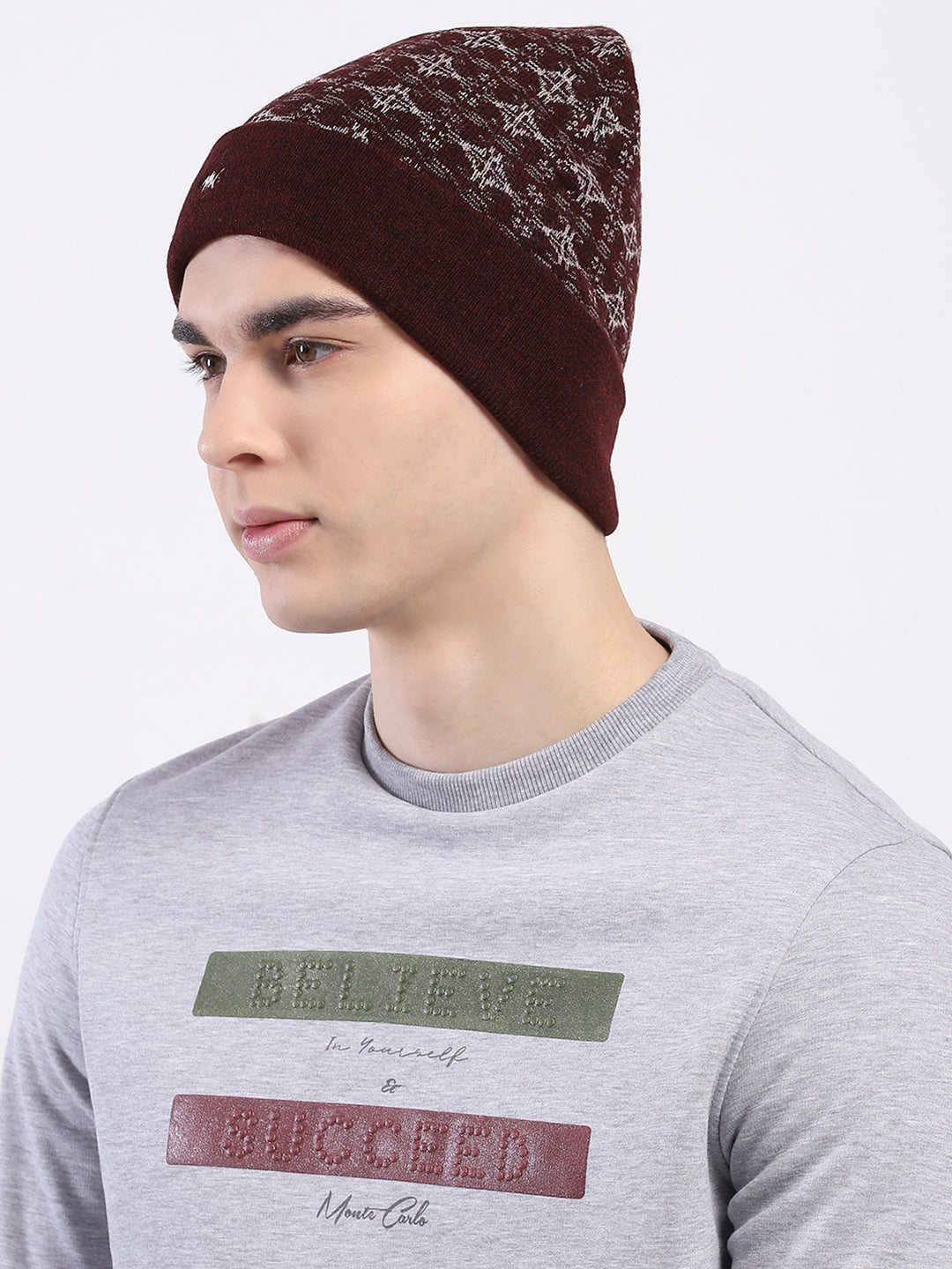 Men Maroon Self Design Blend Wool Cap