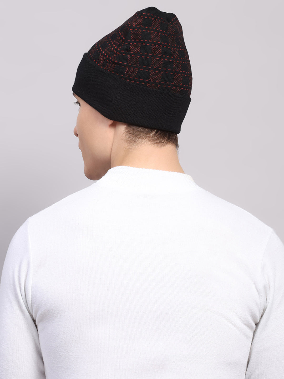 Men Black Printed Blend Wool Cap