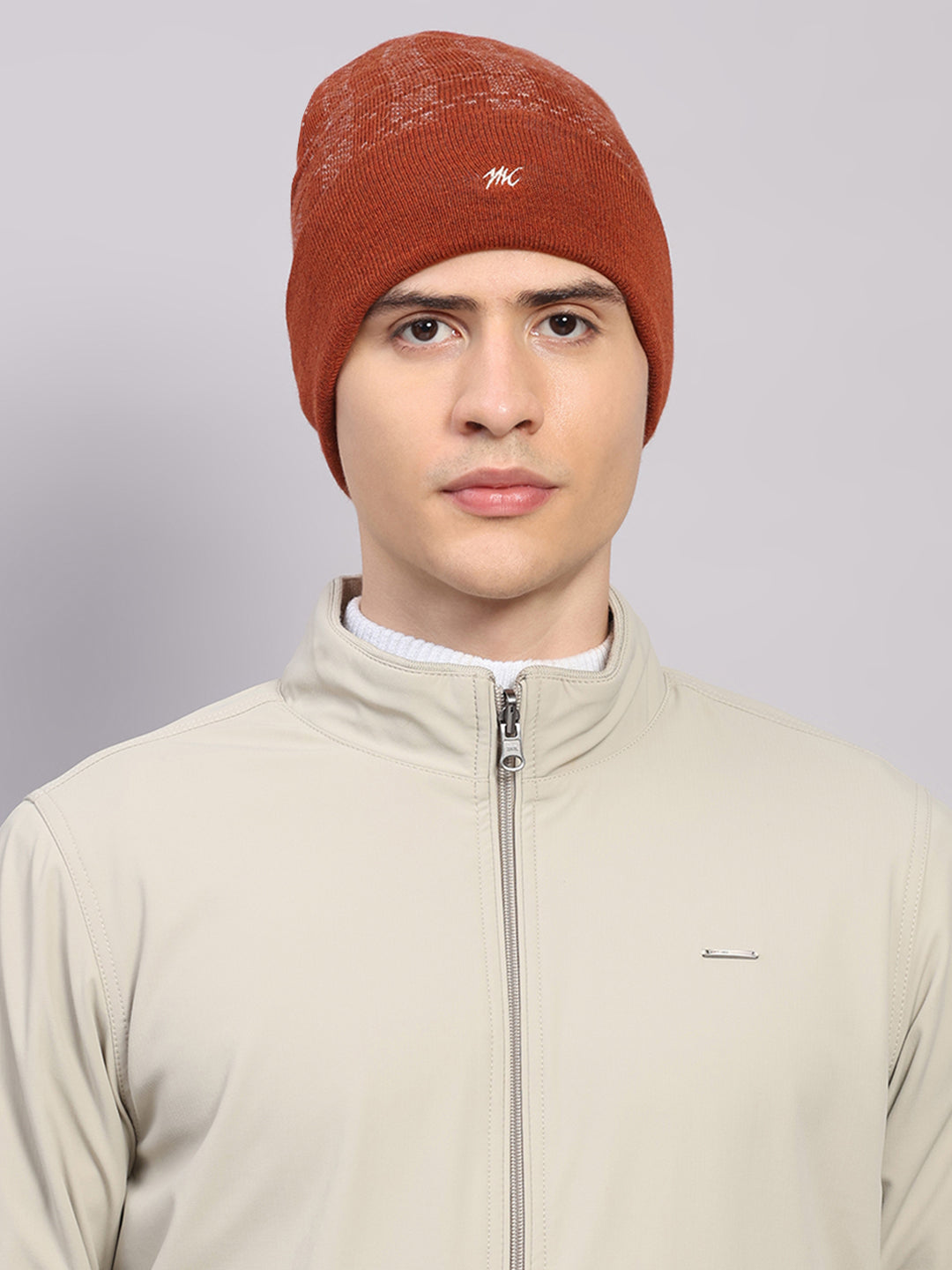Men Rust Printed Blend Wool Cap