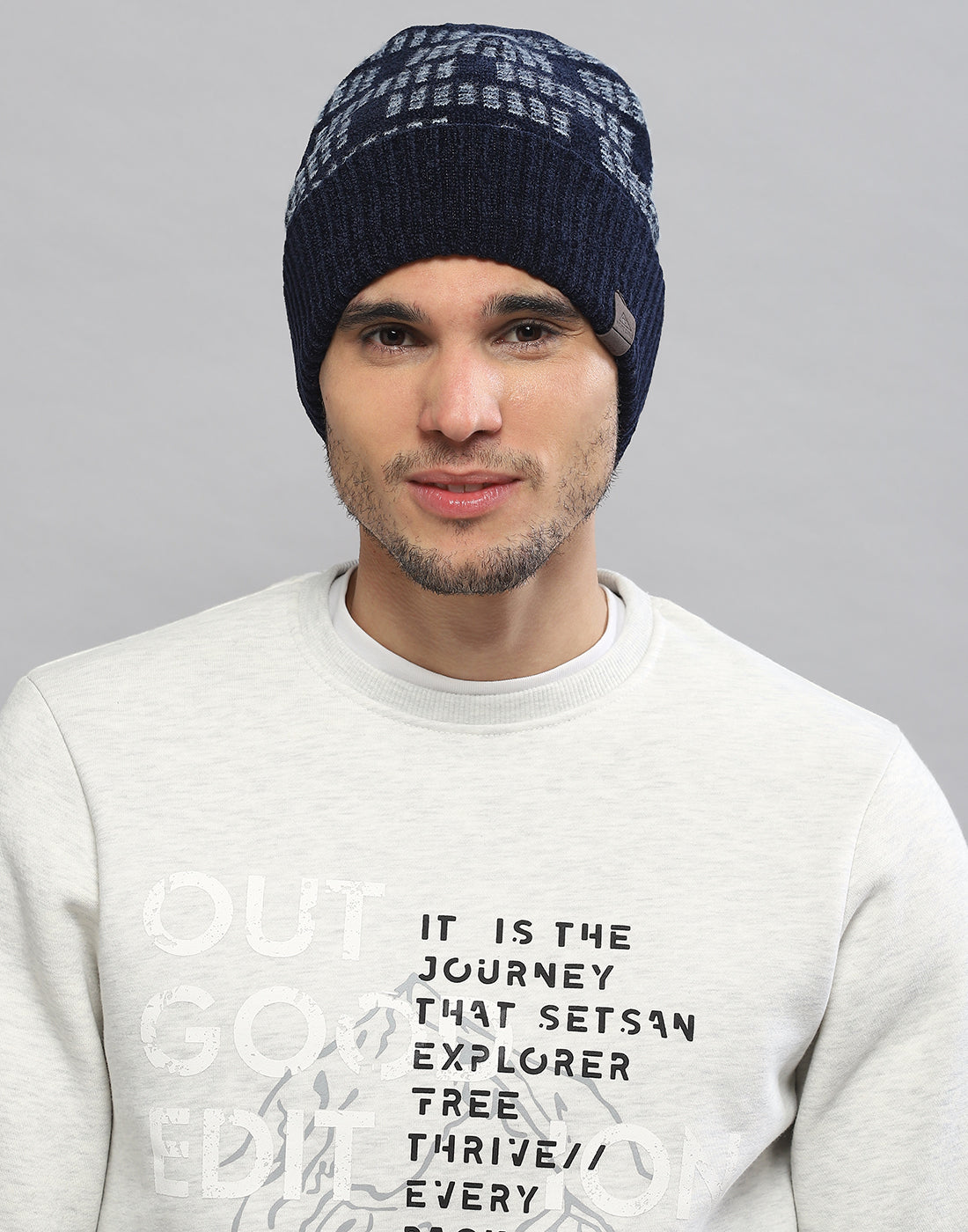 Men Navy Blue Printed Blend Wool Cap