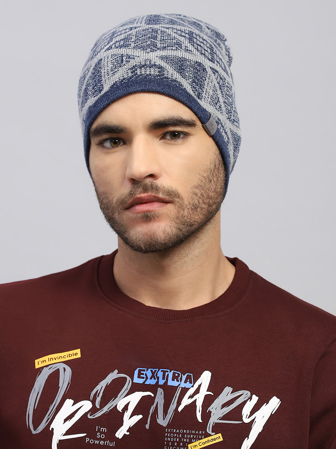 Men Blue Printed Blend Wool Cap