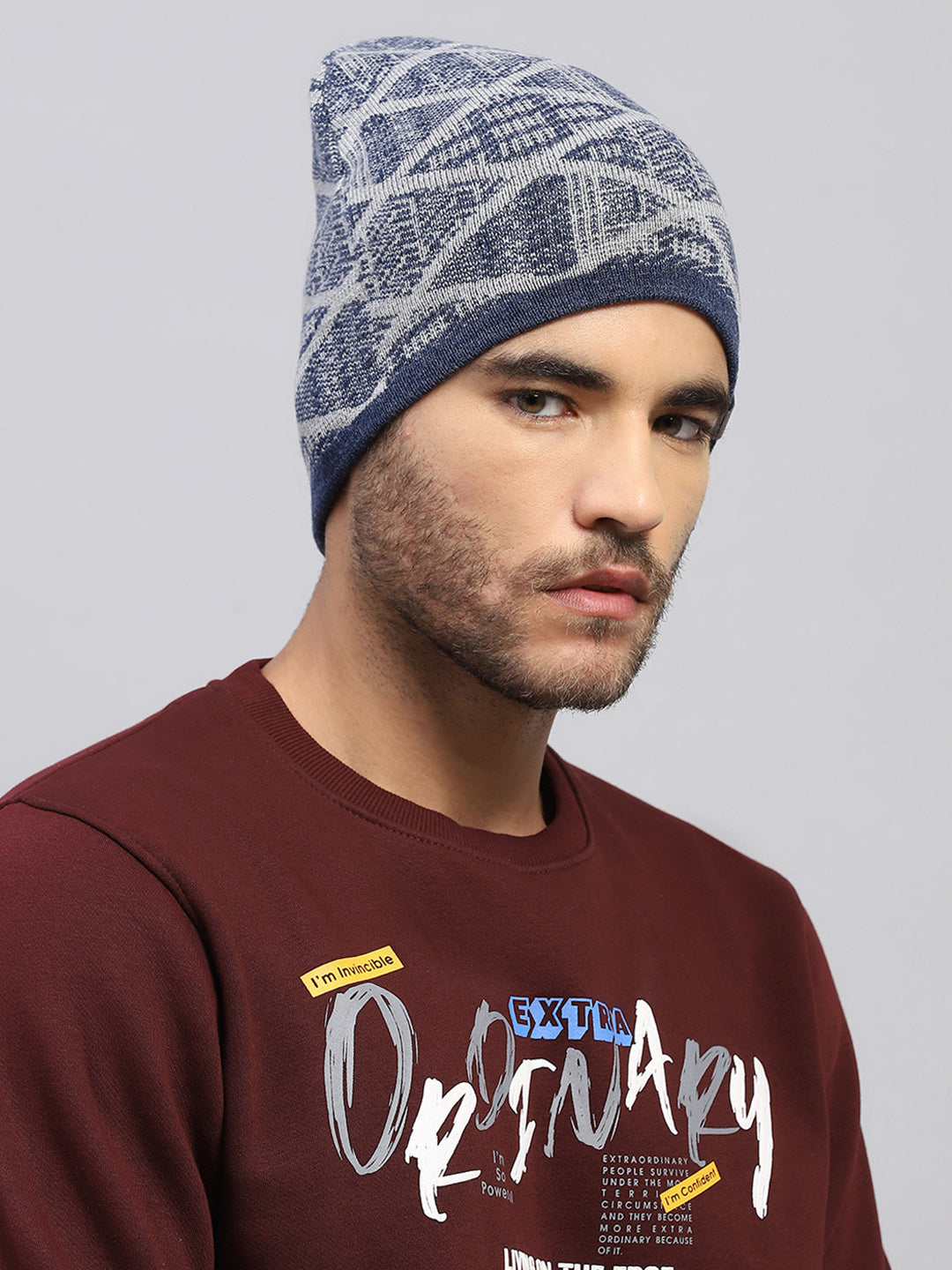 Men Blue Printed Blend Wool Cap