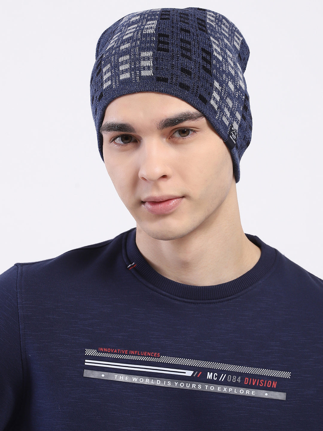 Men Blue Self Design Blend Wool Cap
