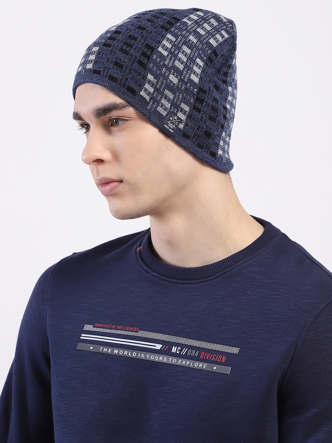 Men Blue Self Design Blend Wool Cap