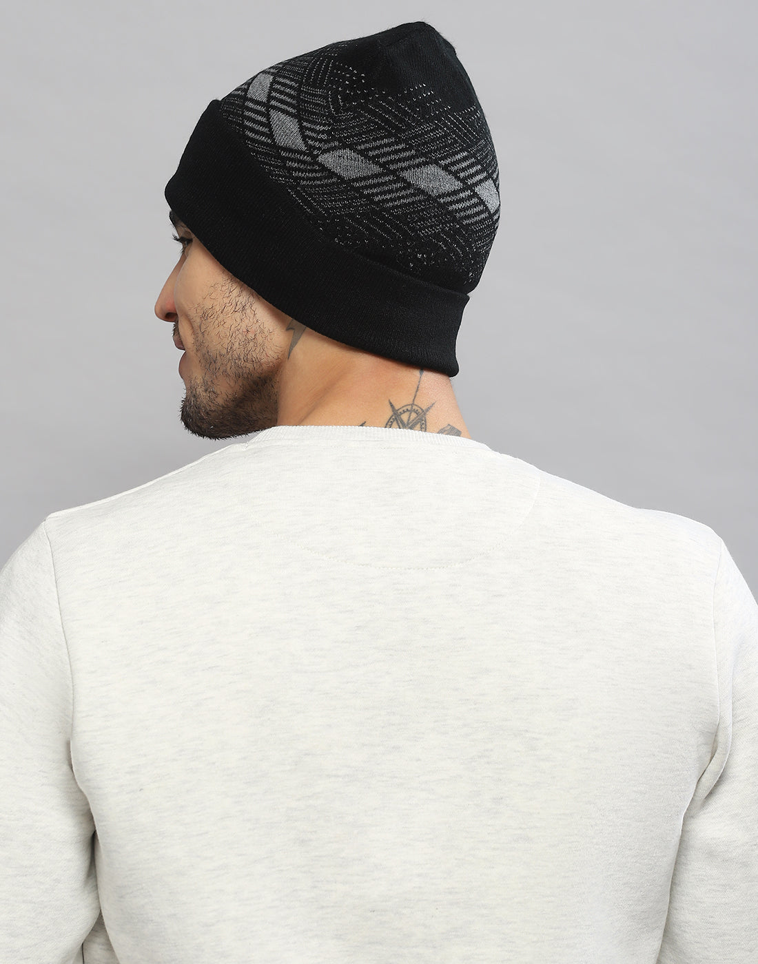 Men Black Printed Blend Wool Cap