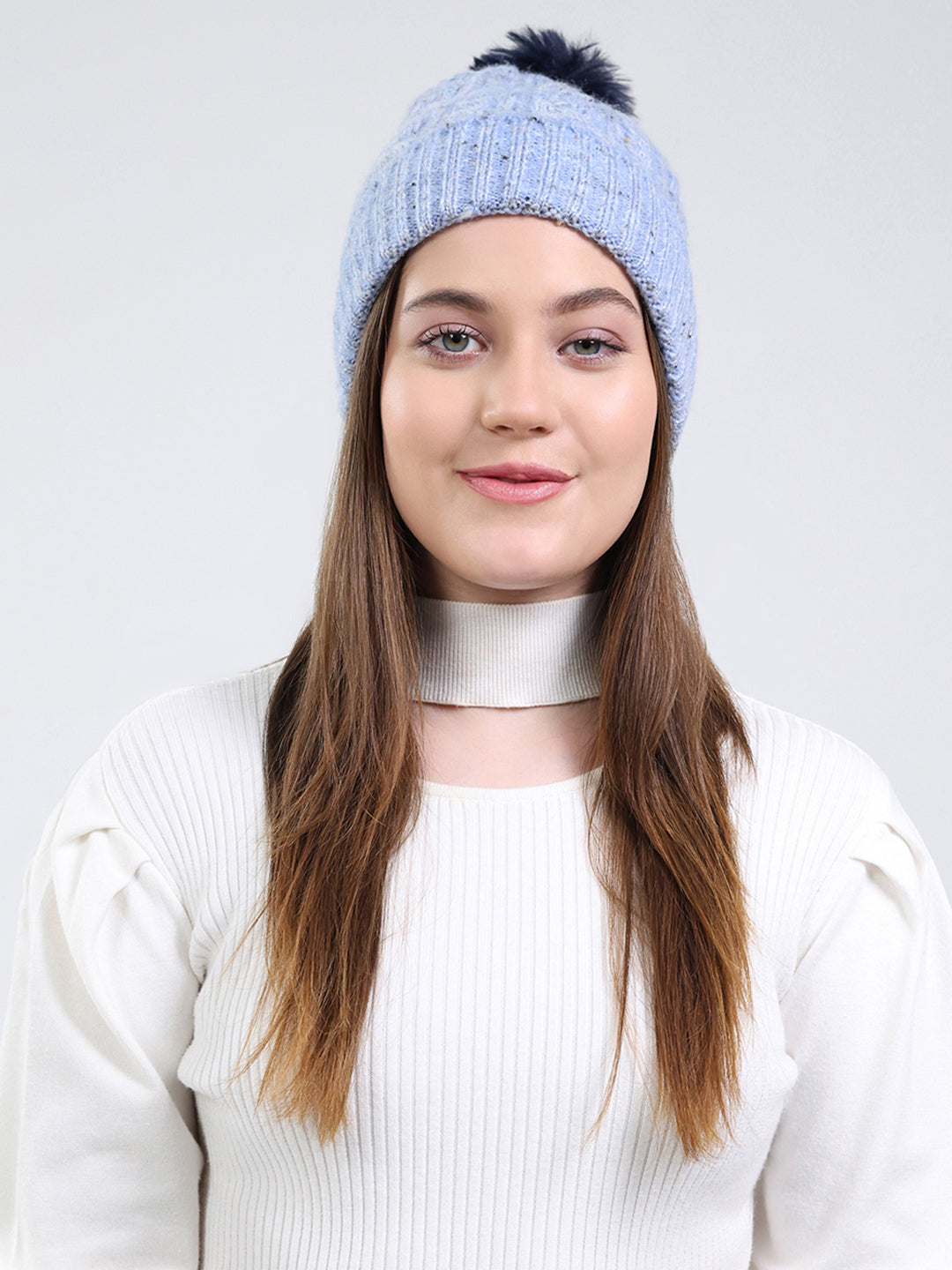 Women Blue Self Design Blend Wool Cap